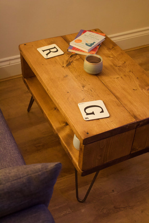 Rustic Storage Coffee Table with Hairpin Legs